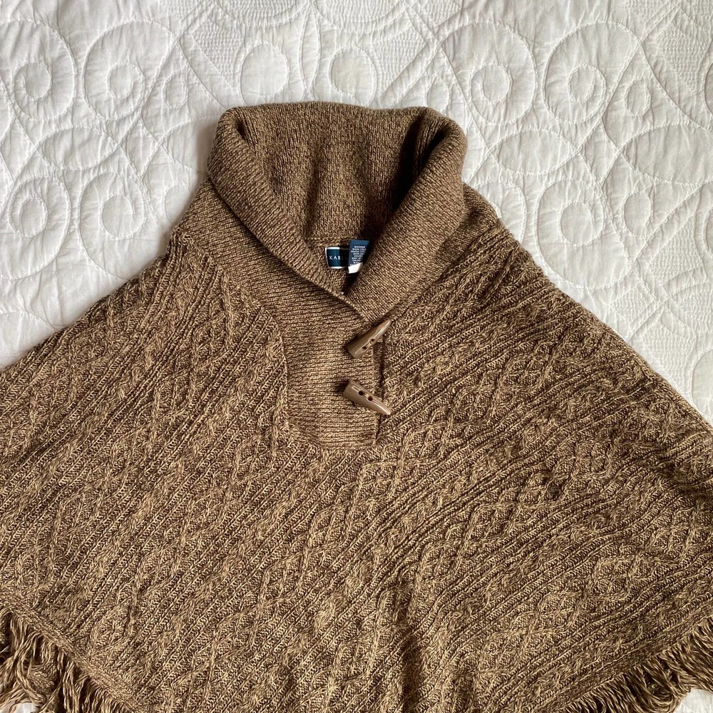 Karen Scott S/M Shawl Collar Toggle Button Fringed Edge Heathered Brown Poncho